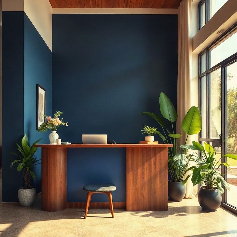 Recepção acolhedora de um pequeno escritório em Salvador com detalhes em indigo