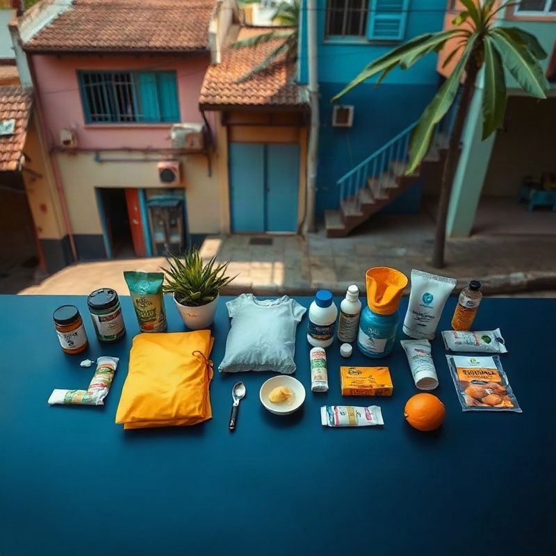 Flat-lay de produtos organizados sobre uma superfície indigo profunda